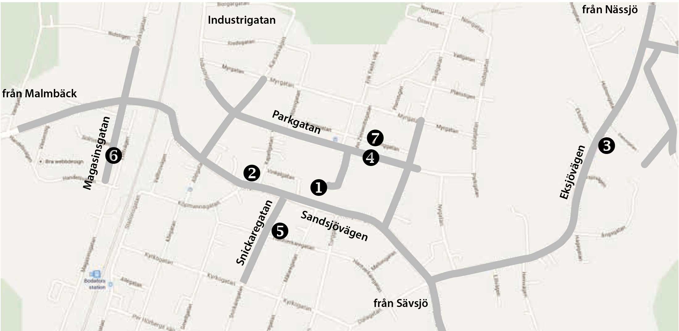 Karta över Bodafors där viktiga ställen med aktiviteter är markerade